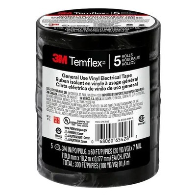 Temflex 3/4 In X 60 Ft 1700 Electrical Tape Black (5-Pack)