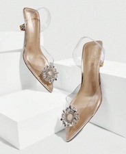 Gold Rhinestone Clear Slingback Pointed Toe Kitten Heel - Size 10.5