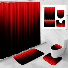 4 Pcs Red and Black Gradient Shower Curtain Set with Rugs and Toilet Lid Cove...