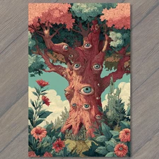 POSTCARD Tree Covered In Eyes Surreal Fantasy Forest Nature Watcher