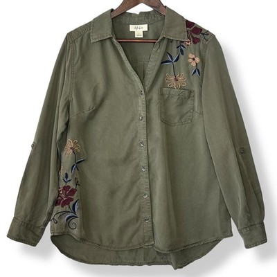 Style & Co L Olive Green Floral Embroidered Soft Button Up Blouse Boho Granola