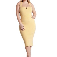Express Buttery Yellow Ribbed Bodycon Midi Dress size XL Criss-cross Straps Knit