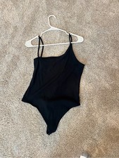 Black Ribbed One-Shoulder One-Piece Bodysuit