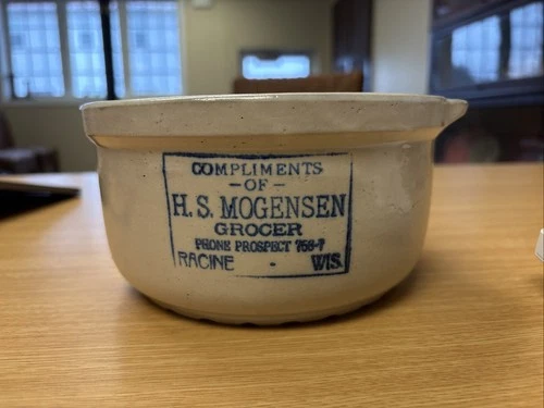 Antique Stoneware Casserole Dish Bowl Mogensen Grocer Racine Wisconsin