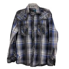 ROAR Signature Western Shirt Mens Sz Large Embroidered Black Plaid Long Sleeve
