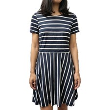 LOFT Petites 00P Fit & Flare Dress Navy White Striped Short Sleeve Back Cutout
