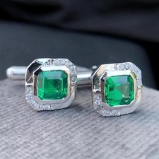 Asscher Cut 2Ct Created Green Emerald Men's Cufflink 14K White Gold Plated Gift