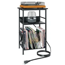 Record Player Stand with Charging Station, 3-Tier Side Table for 100 Vinyl St...