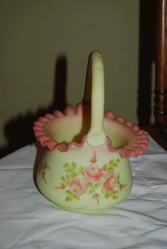 Beautiful Fenton hand painted Burmese glass basket 6.5" diameter, 8.5" tall