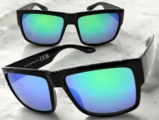 Mens Classic Retro Hardcore Biker SUNGLASSES Thick Square Black Frame Green Lens