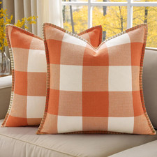 Decoruhome Fall Plaid Linen Throw Pillow Covers 18X18 Set of 2 Orange White