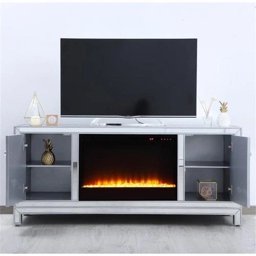 Elegant Decor Modern 60" Mirrored Crystal Fireplace TV Stand in Antique Silver - Picture 8 of 10