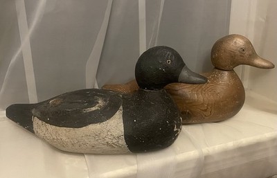 2- Antique Original Bluebill (Scaup) Drake & Hen Wood Decoys-WM A SMITH Signed