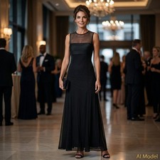 Tadashi Shoji Evening Gown Women 6 Black Mesh Illusion Pleated Maxi Dress 578906