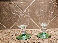 Set of 2 Vintage (Tiffin) Etched Water Etched  Glasses 1950's  Style Green Stem
