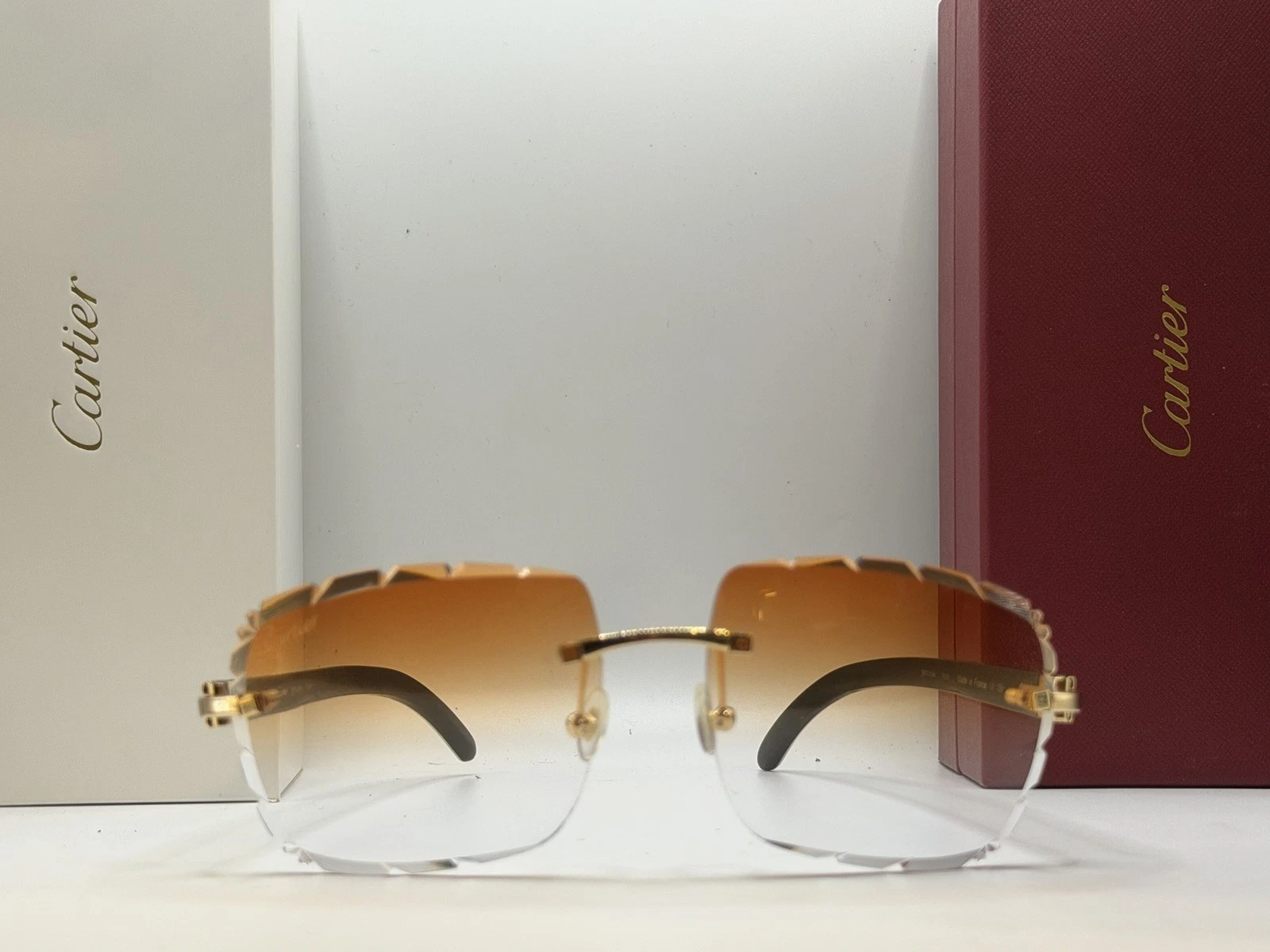 Cartier — Cartier CT0046S Genuine Horn Gradient Orange Whiskey Lens Men's Gold Sunglasses