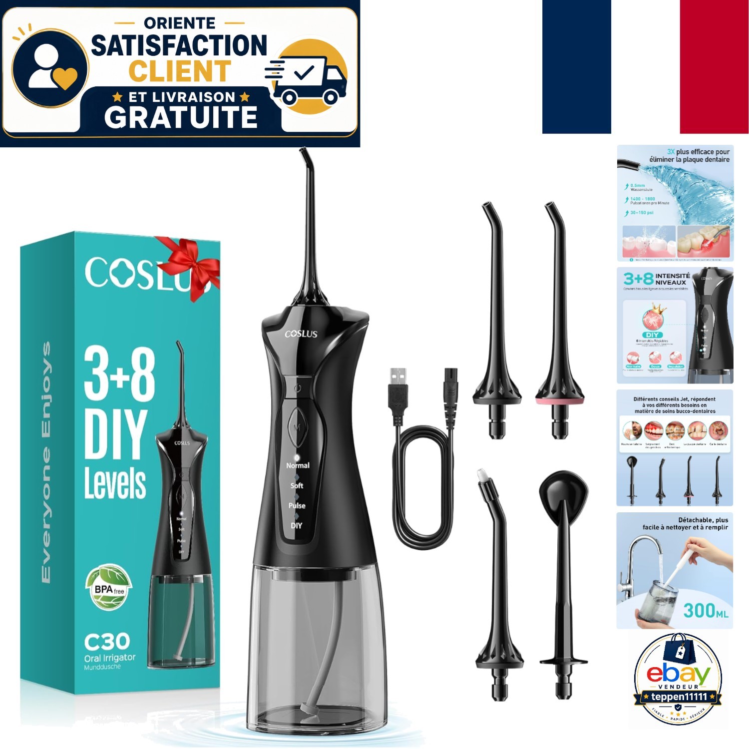 Jet dentaire COSLUS noir à 4 modes de pression avec grand réservoir 300ml