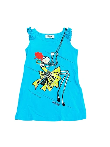 MOSCHINO KIDS ABITO TUBINO BLU SMANICATO GRAFICO VOLANT STRASS COTONE TG 3