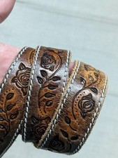 vintage TOOLED buckle belt WESTERN floral roses 32 brown COWHIDE leather