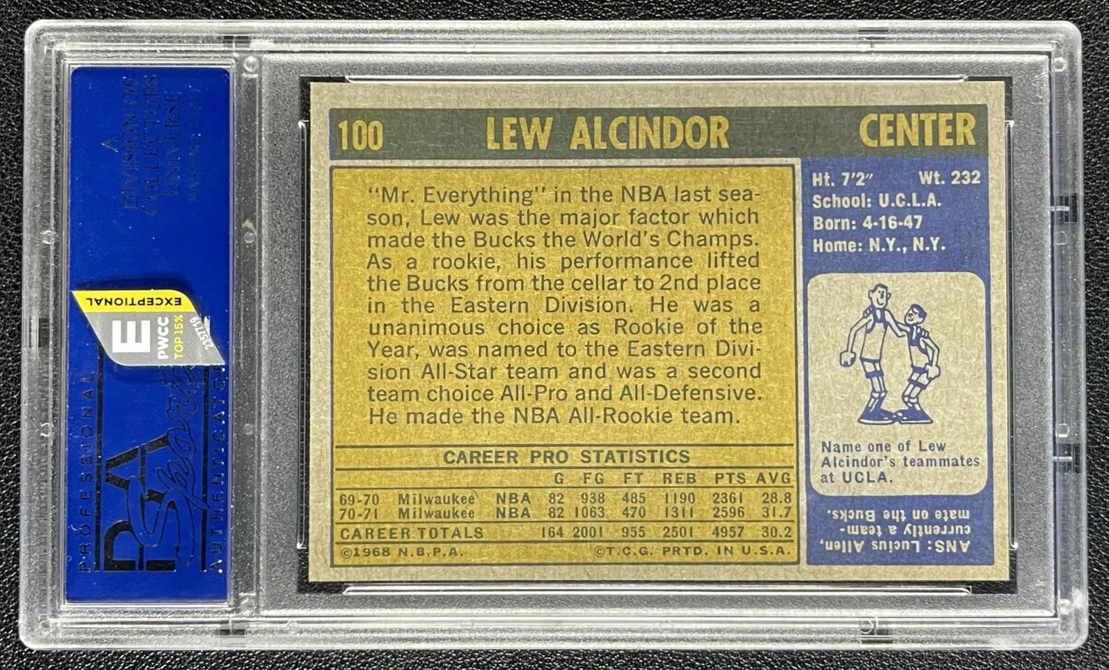 LEW ALCINDOR KAREEM ABDUL-JABBAR PSA 9 1971 TOPPS #100 BUCKS "E" TOP 15% APPEAL view 4