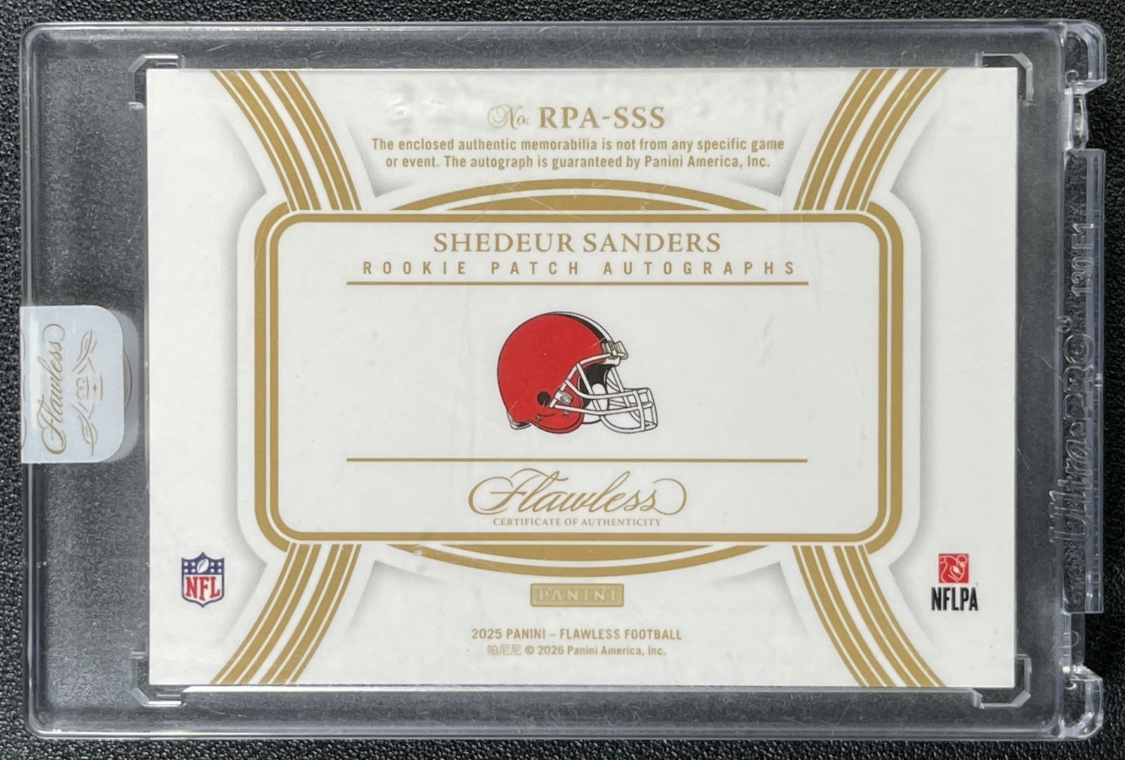 SHEDEUR SANDERS 2025 PANINI FLAWLESS ROOKIE PATCH AUTO SAPPHIRE RC 10/10 BROWNS view 2