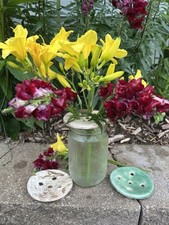 New 3 Pc FLOWER FROG 5  9 Hole Pottery Brown Mint Green Handmade