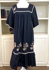 Vtg Bechamel Black Embroidered Patio House Dress sz L  Muumuu Lounge Cotton
