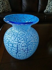 Vintage Aqua Blue Art Glass White Craquelle Crackle Arboresque Vase 7" Tall