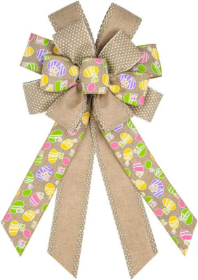 Large Easter Wreath Bows for Front Door Decorations, Flaxen Burlap Bows Holiday