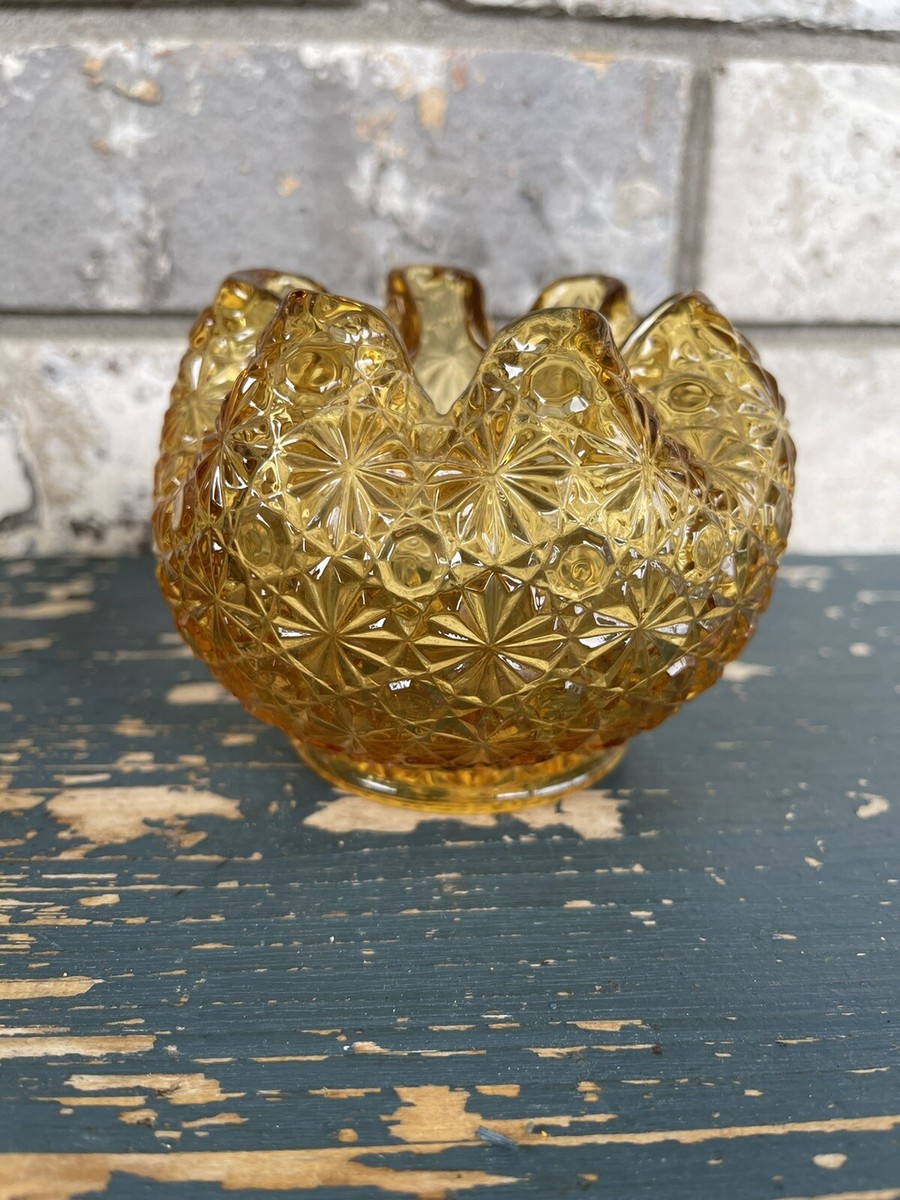 VINTAGE DAISY AND BUTTON AMBER CRIMPED ROSE BOWL – FENTON-WRIGHT