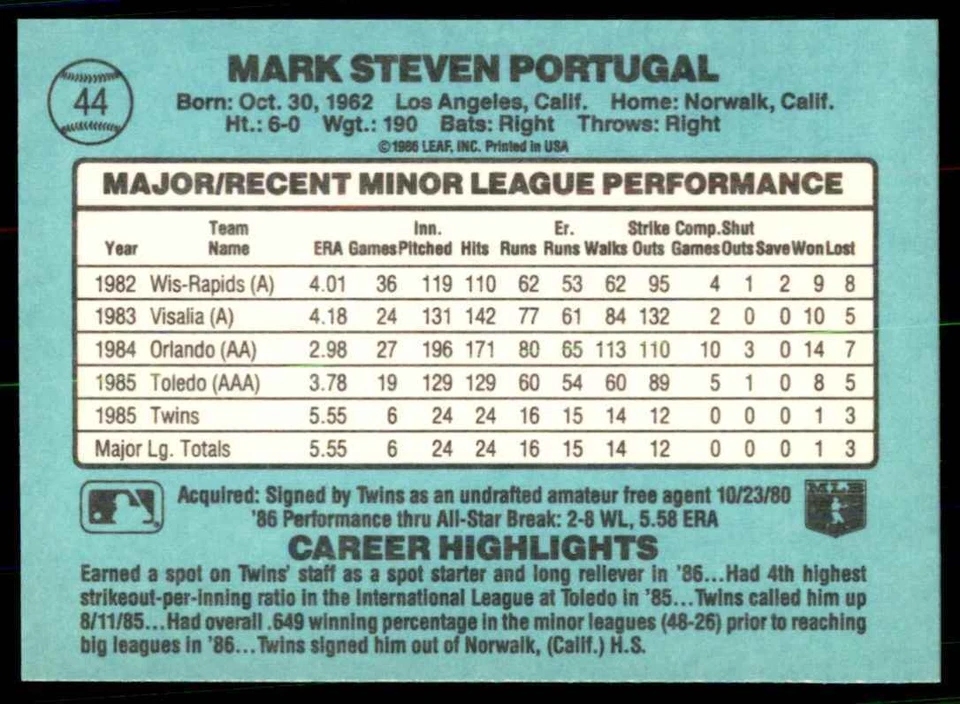 1986 Donruss The Rookies Mark Portugal Rookie Minnesota Twins #44 - Image 2 of 2