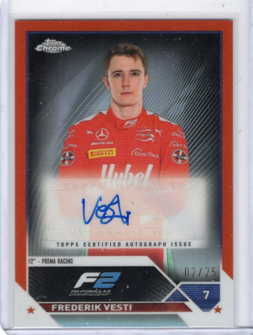 FREDERIK VESTI 2023 TOPPS CHROME FORMULA 1 F2 ORANGE REFRACTOR AUTO 2/25