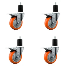 4 Inch Orange Poly Swivel 1-3/4 Inch Expanding Stem Caster Set Total Lock Brake