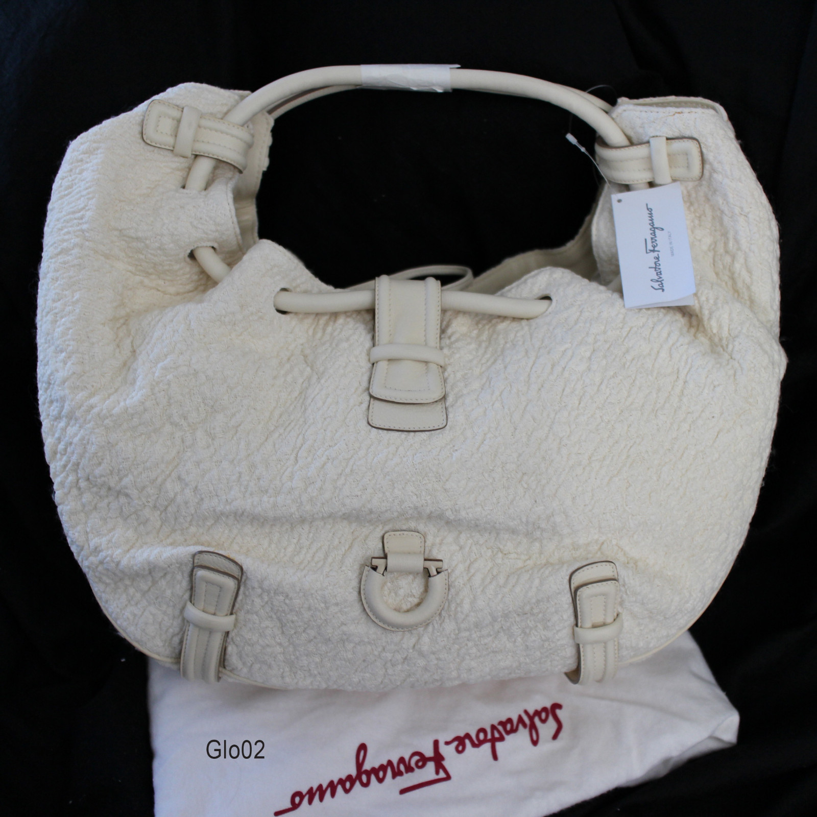 NWT Salvatore Ferragamo Magnolia Fabric Ivory XL Hobo Shoulder Bag Purse $2,250