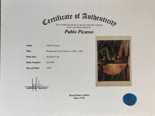Impresión artística original de PABLO PICASSO firmada a mano con certificado de autenticidad "Plato de pan y fruta" Foto 2 de 4