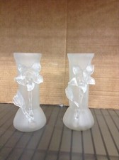 Set 2 Vintage Frosted Hand Blown Floral Glass Art Flower Vases 6 1/2" tall