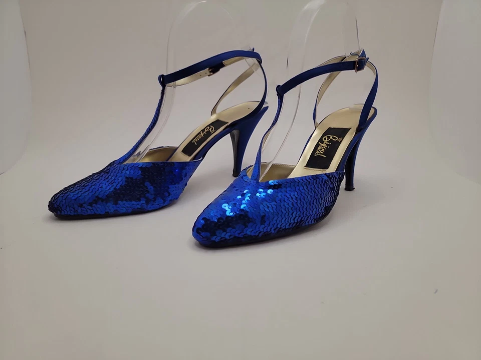 Винтажный бижутерия! Cobolt синий блестками с ремешками острый слинга назад каблуки размер 8 М - Изображение 3 из 4