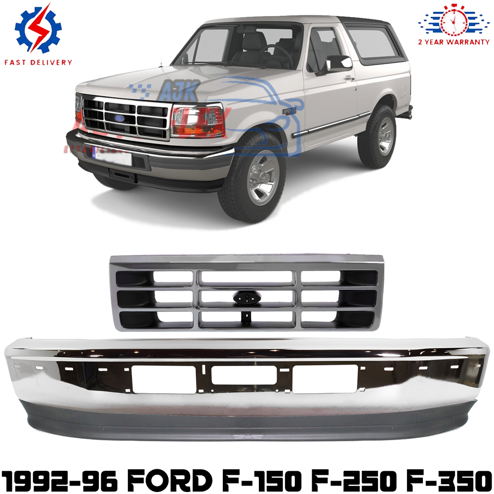 Front Bumper Chrome & Grille Assembly Kit For 1992-1996 Ford F-150 F-250 F-350