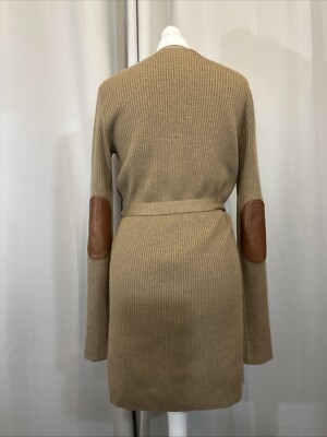 RALPH LAUREN Sport Caramel Melange Merino Leather Patch Belted Cardigan UVP319 