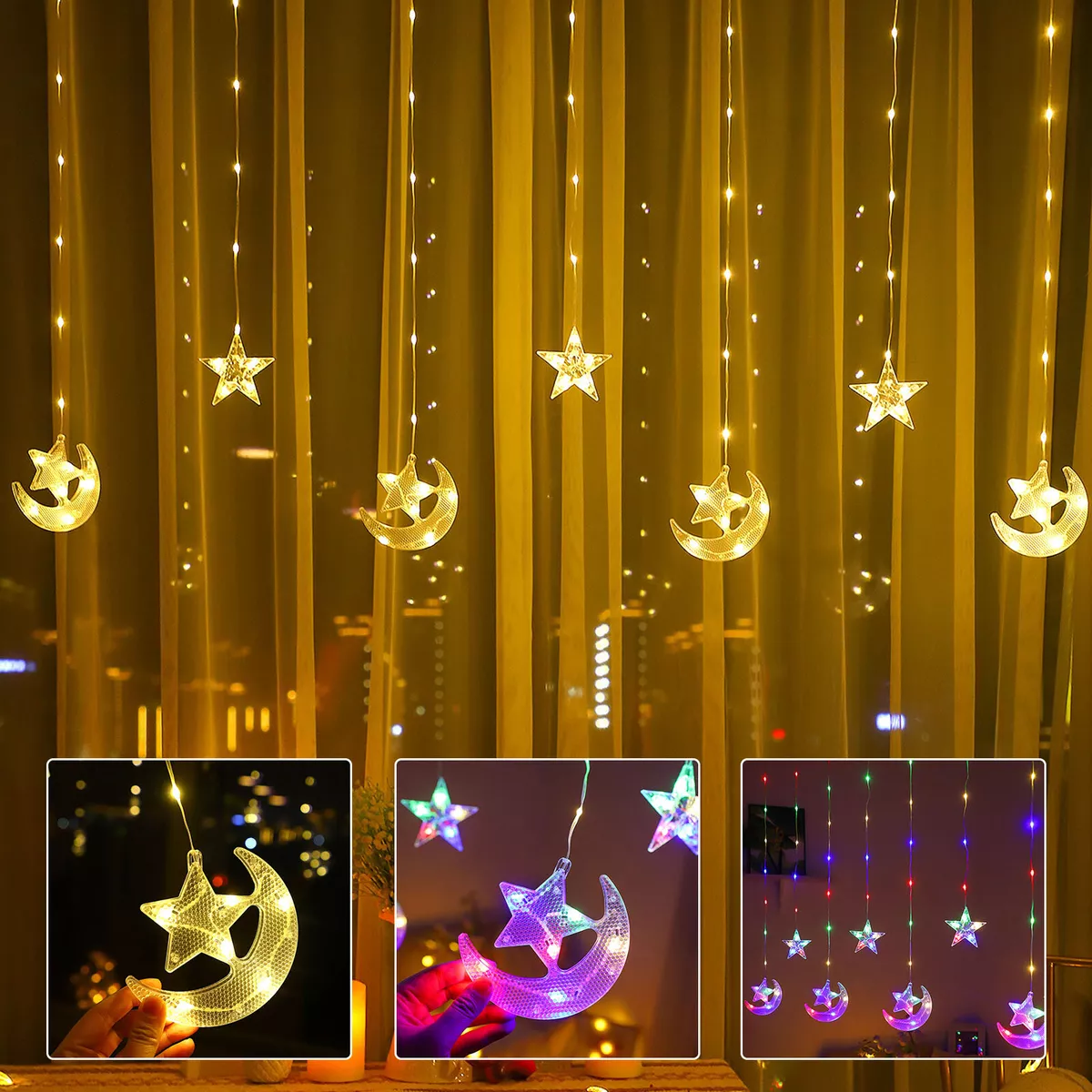 Eid Ramadan Decorative Neon Window Lights, 12 Inch Moon Star LED Lights  Battery and USB Powered Moon Neon Sign with Timer for Eid Mubarak Islam