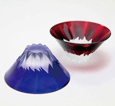 Sake Edo Kiriko Glass Mt Fuji Blue Red pair Set Liquor Japan Traditional W/ Box