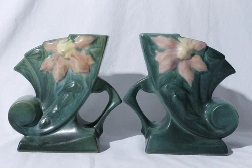 Vintage Roseville Pottery 193-6" Handled Green Pink Flower Vase Pair