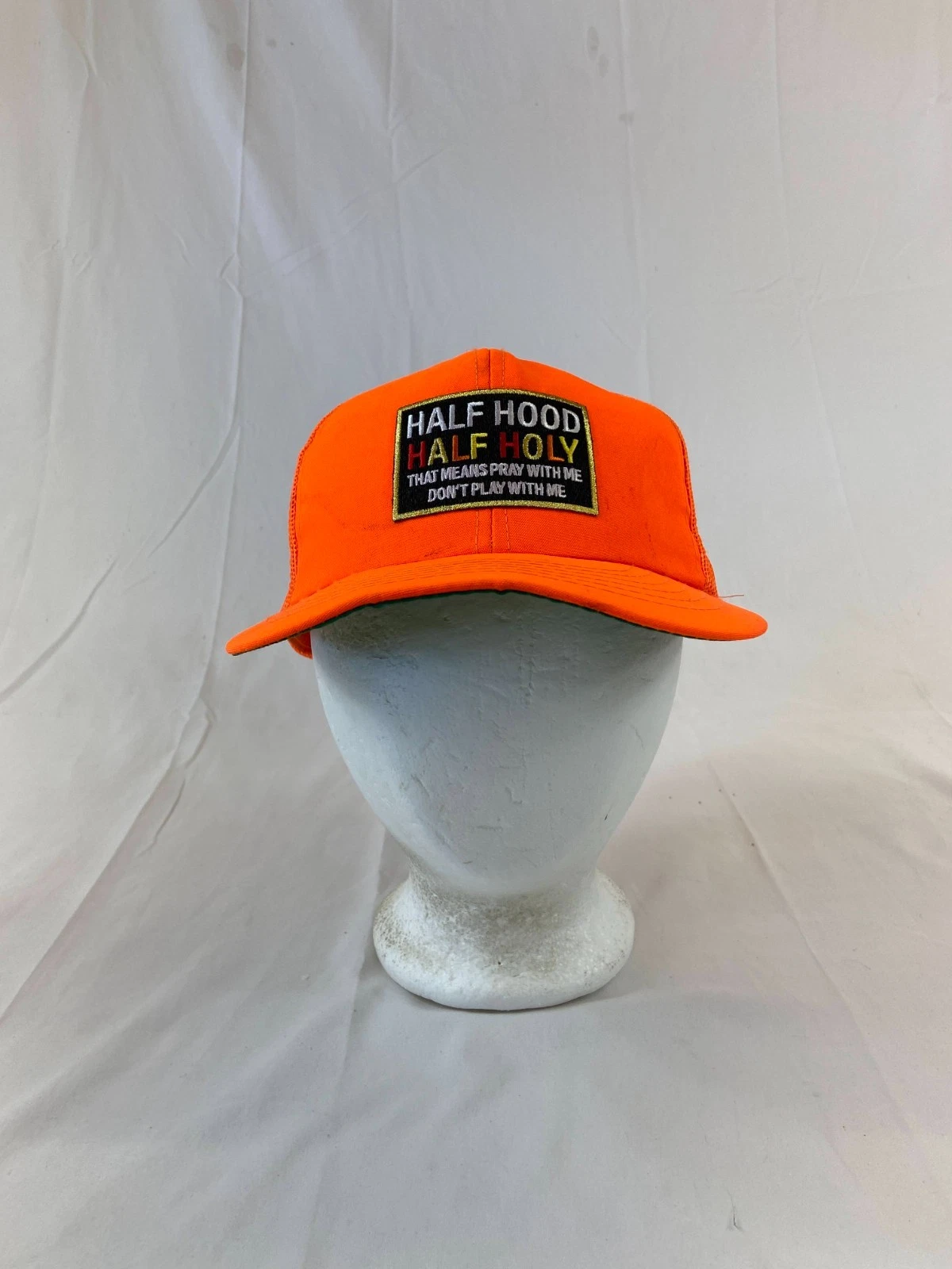 Half Hood Half Holy Baseball Cap Snapback Hat Orange Mesh Patch Humor Funny OSFA