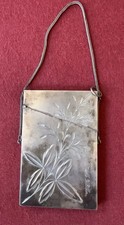 Antique Aesthetic Movement Engraved Silver Alloy CALLING CARD CASE On Chain READ