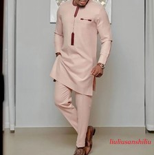 2 Pieces Mens Outfit Dashiki African Long Sleeve Shirt Trouser Suit Slim Fit
