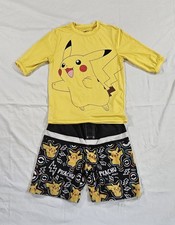 Pok mon Pikachu Long Sleeve Swim Shirt/Trunks Set Boys 10 12 L Swimsuit 2 Piece