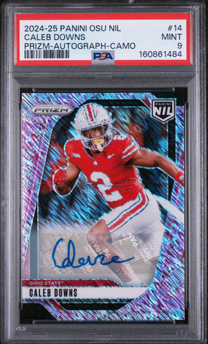 2025 PRIZM CALEB DOWNS AUTO SSP RARE PINK CAMO 1/1 PSA 9 POP 1 COWBOYS ELITE DB
