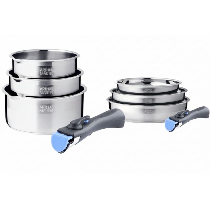 Batterie de cuisine Arthur Martin AM2687 en inox avec 8 pièces et manches amovibles