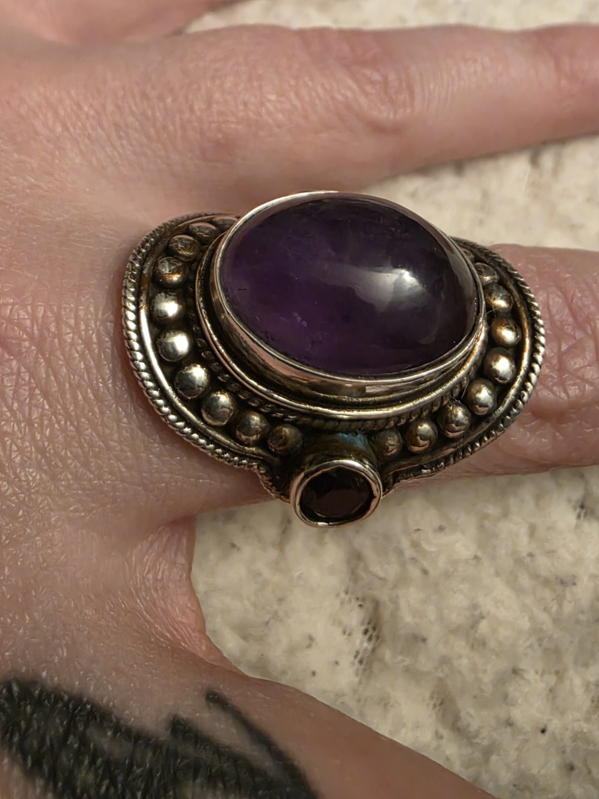 Silver Statement Ring with Oval Amethyst and Red … - image 2