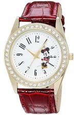 Disney Women's Minnie Mouse Watch Diamonds Bezel Red Leather